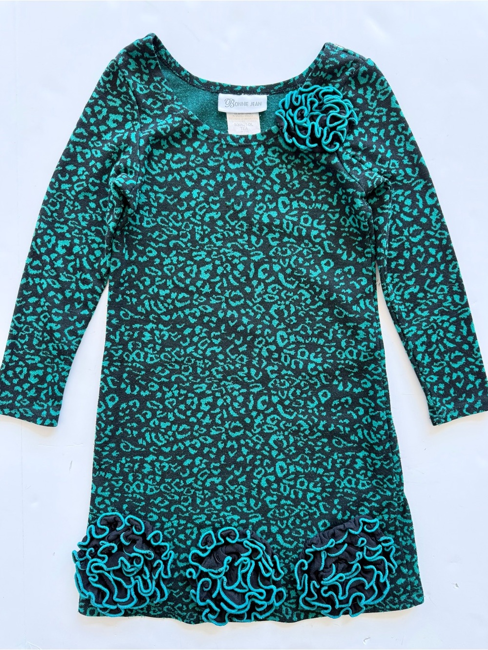 Bonnie Jean Teal & Black Leopard Knit Dress with Rosette Trim